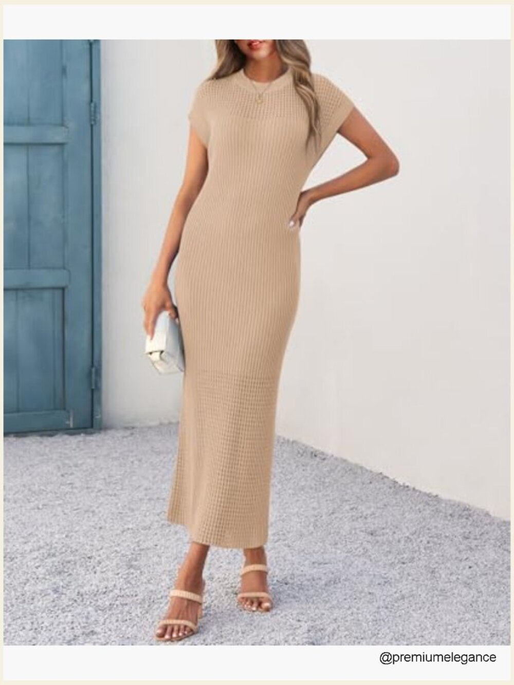 Ribbed Knit Maxi Dress Cap Sleeve Crewneck Casual Summer - Picture 3 of 7